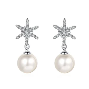 RENSINO AZ527-E White Freshwater Pearl Studs 925 Sterling Silver Genuine Pearl Earrings Bridal Bling Moissanite Diamond Jewelry