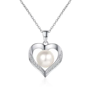 RENSINO AZ767 X S925 Silver Love Heart Natural Pearl Necklace for Women Moissanite Diamond Necklace