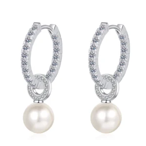 RENSINO AZ796 E Trendy S925 Pure Silver Huggie Earrings for Women Moissanite Freshwater Pearl Hoop Earrings
