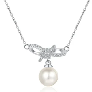 RENSINO AZ890 X Simple High-End Design 925 Sterling Silver Micro Inlay Moissanite Bow Knot Pearl Necklace