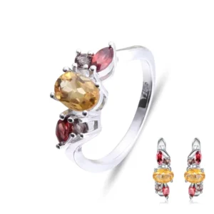 RENSINO Abiding Women Gemstone Ring Earrings Fashion 925 Silver Natural Citrine Stone Jewelry Set