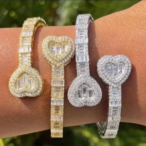 RENSINO Adjustable 6mm Baguette CZ Heart Style Iced Bling Bangle Women’s Street Fashion Hip Hop Bracelet Full Iced Women’s Bangle
