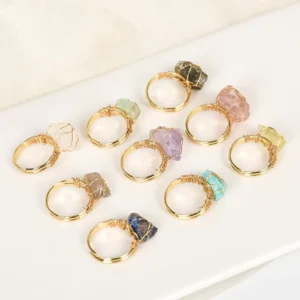 RENSINO Adjustable Circle Ring Jewelry Silver Plated Natural Crystal Raw Stone Ring