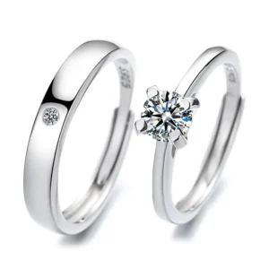 RENSINO Adjustable Couple Rings Zircon Promise Wedding Engagement Matching 925 Sterling Silver Ring for Women Men