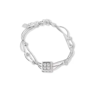 RENSINO Adjustable Modern 925 Sterling Silver Square Shape Zircon Bracelet with Three Layer Beaded Chain Round Design