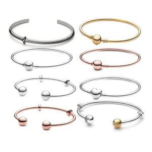 RENSINO Adjustable Open 925 Sterling Silver 18K Gold Plated Charm Bangle Bracelet Fits European Beads for Women and Men