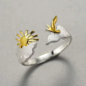 RENSINO Adjustable Real Gold Plated 925 Sterling Silver Rings Sunrise and Bird Original Design for Women Fine Jewelry