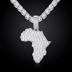 RENSINO Africa Map Moissanite Iced Out Pendant Necklace 925 Sterling Silver Fashion Jewelry