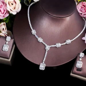 RENSINO African Baguette CZ Pave Dangle Drop Earrings and Necklace Bridal Wedding Cubic Zirconia Jewelry Set for Women