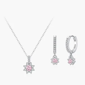 RENSINO Ailmay 925 Sterling Silver Romantic Pink Flower Pendant Necklace Earrings Jewelry Set for Women Wedding Engagement Jewelry Gifts