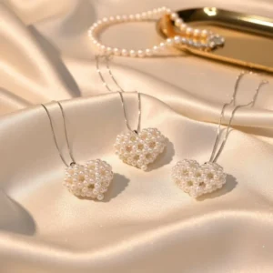 RENSINO Aipureer Unique Natural Freshwater Pearl Handwoven Heart Charm 925 Silver Chain Necklace Handcrafted Pendant Choker Fine Jewelry