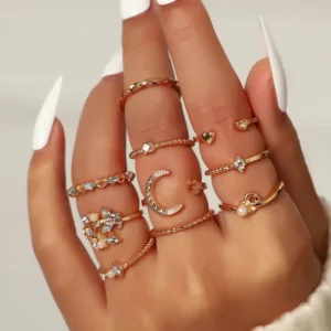 RENSINO Alloy 10 Piece Women’s Ring Set with Moon Stars Leaves & Love Heart Zircon for Wedding & Party