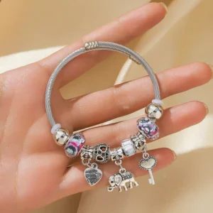 RENSINO Alloy Accessory Beaded Elephant Heart Pendant with Stainless Steel Bracelet Fashion Charm Bracelets