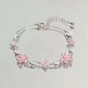 RENSINO Alloy Charm Bracelet for Party Gift Unisex Silver Plated Pink Zircon Cherry Blossom Bow Bracelet