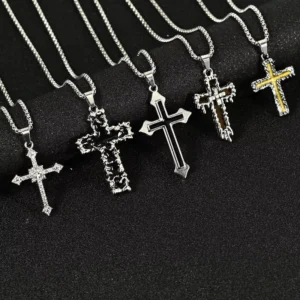RENSINO Alloy Full Zircon Trendy Link Chain Pendant Necklace Hip Hop Cross Design Punk Jewelry Men Gift