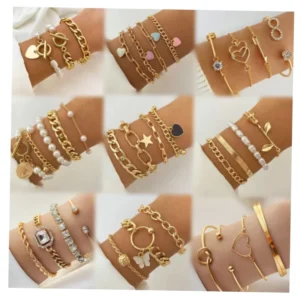 RENSINO Alloy Punk Gold Plated Bangle Pearl Heart Butterfly Pendant Cuban Chain Bracelet Women Jewelry Tennis Chain Bracelet Set