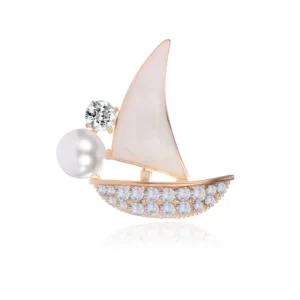 RENSINO Alloy Rhinestone Jewelry Women’s Small Boat Sail Brooch Navy Wind Drip Oil Sailboat Brooch Pearl Badge