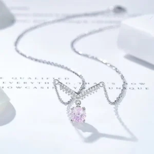 RENSINO Angel Wings S925 Sterling Silver V-Shaped Fireworks Cut Pendant Necklace Women’s Niche Design Light Luxury Pink Zircon Chain