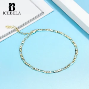 RENSINO Anklet Foot Jewelry 925 Sterling Silver 14k Gold Plated Diamond-cut Figaro Chain Bracelet Anklets for Women