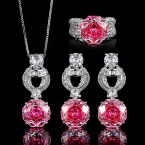 RENSINO Anniversary Party Pink Zircon Necklace Ring Big Earrings 12mm Silver Brass Base Jewelry Sets for Women