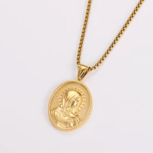 RENSINO Anti Tarnish Vintage Jewelry 18K Gold Plated Stainless Steel Religious Oval Portrait Virgin Mary Pendant Necklace