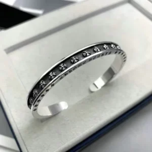 RENSINO Antique Silver Engraved Letter Cuff Bracelet Floral Cross Detail Open Bangle Punk Style Accessory for Unisex Daily Wear
