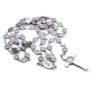 RENSINO Antique Silver Saint Becedict Alloy Prayer Beads Rosary Women Cross Necklace