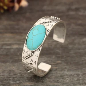 RENSINO Antique Silver Western Bull Head Cuff Bracelet Retro Faux Turquoise Inlay with Eyelash Adjustable Open Bangle for Women