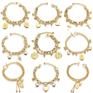 RENSINO Antique Turkish Hamsa Fatima Hand Charms Bracelet Stainless Steel 14K Gold Plating Evil Eyes Pearl Charm Women Bracelet Jewelry