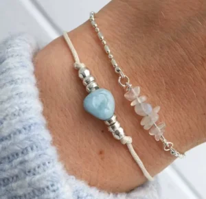 RENSINO Aquamarine Silver Beaded Dainty Silver Bracelet March Birthstone Crystal Bracelet