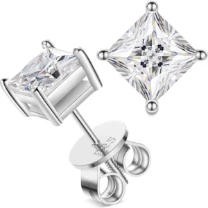 RENSINO Aretes Screw Back 925 Sterling Silver 4.5mm 6mm Princess Cut VVS Moissanite Diamond Solitaire Stud Earrings