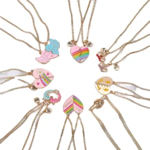 RENSINO BFF Trendy Link Pendant Magnet Stone Heart Shaped Gold Plated Colorful Oil Drop Splice Necklace Gift Set