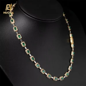 RENSINO Baguette Diamond Link Chain Necklace Silver Plated Micro Pave Emerald Zircon Hip Hop Fine Jewelry