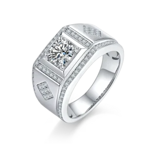 RENSINO Baifu Jewelry Luxurious 925 Silver 1CT Round Moissanite Man Ring