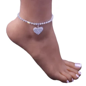 RENSINO Barefoot Jewelry Shiny Silver Rhinestone Heart Anklet Bracelet Gold Plated Crystal Love Heart Charm for Parties