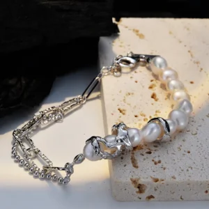 RENSINO Baroque Bracelet Pearl French Light Luxury S925 Sterling Silver Texture Cross Chain Bracelet