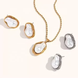 RENSINO Baroque Imitation Pearl Necklace Earring Set Gold Plated Stainless Steel Chains Fashion Jewelry for Weddings Parties or Gifts