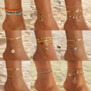 RENSINO Beach Shell Bohemian Boho Lightning Star Anklets Chain Charm Beaded Anklets Women Simple Gold Metal Bracelet for Women Jewelry
