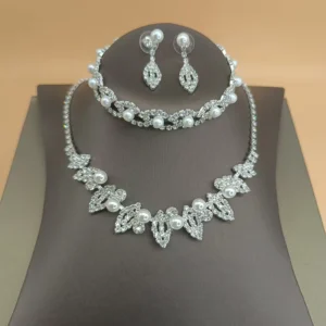 RENSINO Beaded Wedding Bridal Flower Zirconia Silver Pearl Rhinestone Necklaces Earrings Bracelets Jewelry Sets for Women