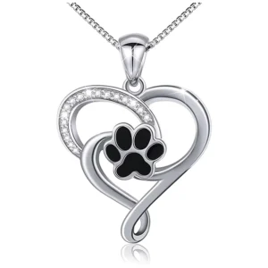 RENSINO Bear Dog Claw Black Lovers Heart Shape Pendant Necklace for Woman Silver Coating Box Chain Cute Pendant Necklaces Girls