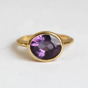 RENSINO Beautiful Natural Purple Amethyst Gemstone Ring for Man Sterling Silver Oval Cut Big Natural Amethyst Crystal Ring