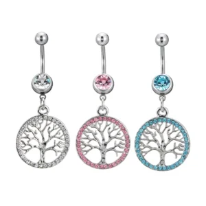 RENSINO Belly Button Ring Tree of Life Dangle Stainless Steel Rhinestone Body Jewelry for Women Silver Pink Blue Color Options