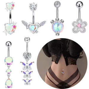 RENSINO Belly Ring Colored Stainless Steel Jewelry Zircon Pendant Belly Button Ring 14G Women’s Party Sexy Perforated Jewelry