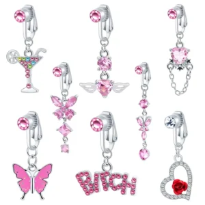 RENSINO Belly Ring Heart Zircon Pink Butterfly Belly Button Rings Piercing Jewelry Fashion Jewelry Body Piercing Jewelry
