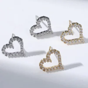 RENSINO Best Friend Women’s Silver Tone Jewelry Set Classic Style Heart Necklaces Gold Plated Brass Diamond Stones Stud Earrings