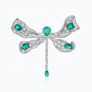 RENSINO Best Luxury S925 Silver Zircon Dragonfly Brooch High Quality Unisex Jewelry for Wedding Birthday Gifts for Mom Emerald Stone