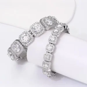 RENSINO Bestselling Styles S925 Sterling Silver Rhodium Plated Chain Link Rectangular 11mm Round Cut Moissanite Bracelet