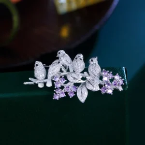 RENSINO Birds Shape Silver Plated Purple Color Cubic Zircon Dazzling Brooches Pins for Women Banquet Party Clothing Jewelry Brooch