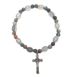 RENSINO Black Bead Rosary Bracelet with Silver-Toned Religious Medals Cross Catholic Jewelry for Unisex Anniversary