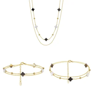 RENSINO Black Four leaf Clover Shell Pearl Bracelet Necklace Anklet Double 925 Silver Chain Jewelry Set